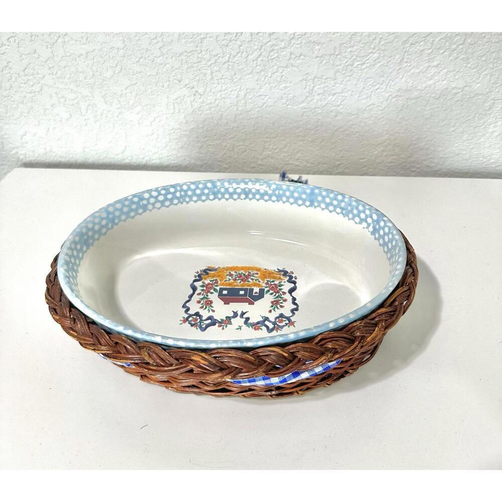 Teamson 1995 Casserole Baking Dish Oval Country Home and Woven Basket with Bow - Picture 12 of 13